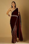 Shop_Monk & Mei_Maroon Velvet Embroidered Floral Pattern Round Neck Sultana Saree And Blouse Set _Online_at_Aza_Fashions