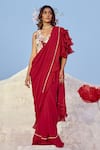 Shop_Nikita Vishakha_Red Organza, Georgette, Jacquard Embroidery V-neck Hand Saree With Blouse _Online_at_Aza_Fashions