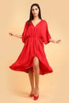 Shop_LABEL IVISH_Red Pure Silk Charmeuse Satin Plain Batwing Sleeve Gathered Dress  _Online_at_Aza_Fashions