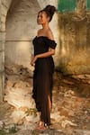 Shop_ZWAAN_Black Chiffon Plain Draped Sweetheart Neckline Midi Dress  _Online_at_Aza_Fashions