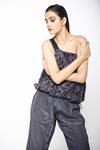 Shop_Anmol Kakad_Black Crepe Silk Strobe One Shoulder Top And Pant Set_Online_at_Aza_Fashions