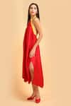 Shop_LABEL IVISH_Red Pure Silk Charmeuse Satin Plain Halter Neck Gathered Dress  _Online_at_Aza_Fashions