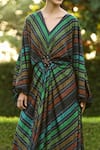 Shop_Shilpi Gupta_Multi Color Armani Satin Printed Stripe V Neck Maxi Dress  _Online_at_Aza_Fashions