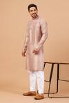 Buy_Hilo Design_Beige Cotton, Lycra, Silk Embroidery Florne Mandarin Collar Kurta Set _Online_at_Aza_Fashions