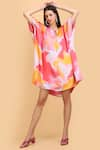 Shop_LABEL IVISH_Pink Pure Silk Charmeuse Satin Printed Abstract Asymmetric Kaftan  _Online_at_Aza_Fashions