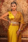 Shop_Aditi Gupta_Yellow Satin Woven And Embroidered Jamawar Pre-draped Pallu Saree With Blouse _Online_at_Aza_Fashions