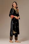 Shop_Anantaa by Roohi_Black Velvet Embroidered Floral Notched Straight Kurta _Online_at_Aza_Fashions