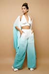 Shop_Ahi Clothing_Blue Crushed Cotton Georgette Plain Shrug Open Ombre And Pant Set _Online_at_Aza_Fashions