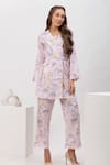 Shop_Dawn And Dusk_Pink Cotton Printed Spirit Blazer  Lapel Collar And Pant Set _Online_at_Aza_Fashions