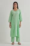 Shop_Priya Chaudhary_Green Cotton Embroidered Chikankari Notched Neck Kurta Set _Online_at_Aza_Fashions