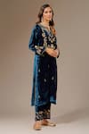 Shop_Anantaa by Roohi_Blue Velvet Embroidered Floral Notched Placement Kurta _Online_at_Aza_Fashions