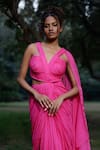 Shop_ZWAAN_Pink Chiffon Plain V Neck Draped Bodice Gown  _Online_at_Aza_Fashions