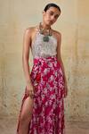 Buy_Style Junkiie_Pink Georgette Embroidery Double Split Floral Vine Pattern Skirt _Online_at_Aza_Fashions