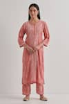 Shop_Priya Chaudhary_Pink Cotton Embroidered Chikankari Notched Neck Kurta Set _Online_at_Aza_Fashions