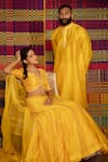 Shop_Deep Thee_Yellow Chanderi Manjal Hand V Neck Haldi Lehenga Set _Online_at_Aza_Fashions