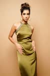 Shop_Ahi Clothing_Green Satin Sequin And Beads, Zardozi Halter Neck Dress _Online_at_Aza_Fashions