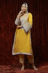 Shop_Shikhar Sharma_Yellow Silk Chanderi Embroidered Pearl V Neck Kurta Pant Set _Online_at_Aza_Fashions