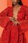 July Issue_Red Schiffli Lace Floral Cut Work Pattern Deep V Neck Gia Dress  _Online_at_Aza_Fashions