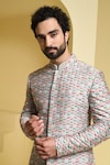 Shop_KUSTOMEYES_Silver Cotton Silk Embroidered Floral Thread Sherwani Set _Online_at_Aza_Fashions