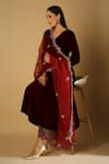 Buy_Monk & Mei_Maroon Kurta Velvet Embroidered Pearl And Zari Work V Zareen A-line Palazzo Set _Online_at_Aza_Fashions