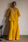 Buy_Shorshe Clothing_Yellow Handloom Tissue Embroidered Floral Notched Kurta And Gharara Set _at_Aza_Fashions