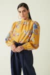 Shop_Payal Pratap_Yellow Cotton Embroidery High Neck Saigong Printed Top _Online_at_Aza_Fashions