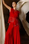 Shop_Eclat By Prerika Jalan_Red Organza, Crepe, Muslin Cut Work Round Neck Embroidered Jacket Pant Set _Online_at_Aza_Fashions
