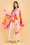 Shop_Label Ivish_Pink Silk V-neck Kimono Jacket And Trouser Set With Belt _Online_at_Aza_Fashions