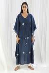 Shop_Khat_Blue Handloom Cotton V-neck Navy Polka Pattern Kaftan And Pant Set _Online_at_Aza_Fashions