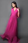 Shop_Swatee Singh_Magenta Georgette V-neck Pleated Hem Kaftan Sleeve Gown _Online_at_Aza_Fashions
