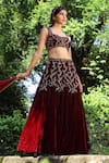 Shop_Tarini Vij_Maroon Blouse And Lehenga Velvet, Dupatta Georgette Zari Hand Embroidered Set _Online_at_Aza_Fashions