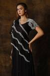 Shop_Eclat By Prerika Jalan_Black Crepe, Muslin Embroidery V-neck Asymmetric Cape And Draped Skirt Set _Online_at_Aza_Fashions