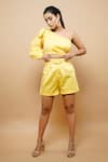 Shop_Ahi Clothing_Yellow 100% Cotton Plain Asymmetric Pleated Crop Top And Shorts Set _Online_at_Aza_Fashions