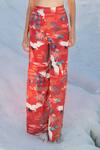 Shop_Tizzi_Red Chiffon, Satin Floral Print Straight Flared Pant_Online_at_Aza_Fashions