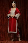 Shikhar Sharma Red Silk Chanderi Embroidered Pearl Leaf Neck Kurta Pant Set at Aza Fashions Shikhar Sharma_Red Silk Chanderi Embroidered Pearl Leaf Neck Kurta Pant Set _at_Aza_Fashions