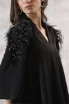 Shop_RANNA GILL_Black Crepe Applique Feather Shawl Collar Bell Sleeve Top _Online_at_Aza_Fashions