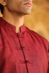 Shop_Raw & Rustic By Niti Bothra_Red 60 Lea, European Flax Certified Mandarin Collar Handcrafted Straight Shirt_Online_at_Aza_Fashions