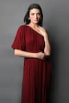 Shop_Swatee Singh_Maroon Georgette Solid One Shoulder Pleated Hem Gown _Online_at_Aza_Fashions