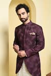 Shop_KUSTOMEYES_Wine Silk Embroidered Floral Sherwani Set  _Online_at_Aza_Fashions