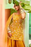 Shop_Mona And Vishu_Yellow Dupion Silk, Dupatta Organza Pearl Embroidered Kurta Tiered Sharara Set _Online_at_Aza_Fashions