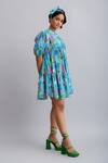 Nautanky_Blue 100% Cotton Floral Round Print Puff Sleeve Dress _Online_at_Aza_Fashions
