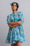 Shop Nautanky Blue 100% Cotton Floral Round Print Puff Sleeve Dress Online at Aza Fashions Shop_Nautanky_Blue 100% Cotton Floral Round Print Puff Sleeve Dress _Online_at_Aza_Fashions
