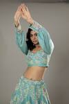 Shop_I AM Design_Blue Raw , Organza Peppermint Candy Embroidered Bridal Lehenga Set _Online_at_Aza_Fashions