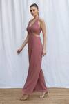 Amrta By Guneet Kondal_Pink Viscose Beads, Sequins Halter Neck Bailey Embroidered Jumpsuit _Online_at_Aza_Fashions
