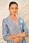 Shop_Seher Jaipur_Blue Kurta Cotton Silk Embroidery Floral V Neck Zoe And Palazzo Set _Online_at_Aza_Fashions