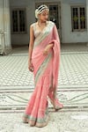 Gopi Vaid_Pink Georgette And Tussar Silk Embroidery Gota Imroz Pre-draped Saree With Blouse _Online_at_Aza_Fashions