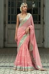 Buy_Gopi Vaid_Pink Georgette And Tussar Silk Embroidery Gota Imroz Pre-draped Saree With Blouse _Online_at_Aza_Fashions