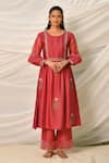 Buy_Seher Jaipur_Maroon Embroidery Floral Round Teej Kurta And Palazzo Set _at_Aza_Fashions