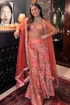 Buy_Gopi Vaid_Coral Organza Geometric Pattern Plunge V Neck Sukoon Printed Pant Set With Cape_at_Aza_Fashions