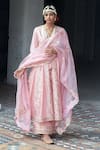 Buy_Gopi Vaid_Pink Dupatta Organza, Kurta And Churidar Tussar Ishanya Embellished Anarkali Set_at_Aza_Fashions